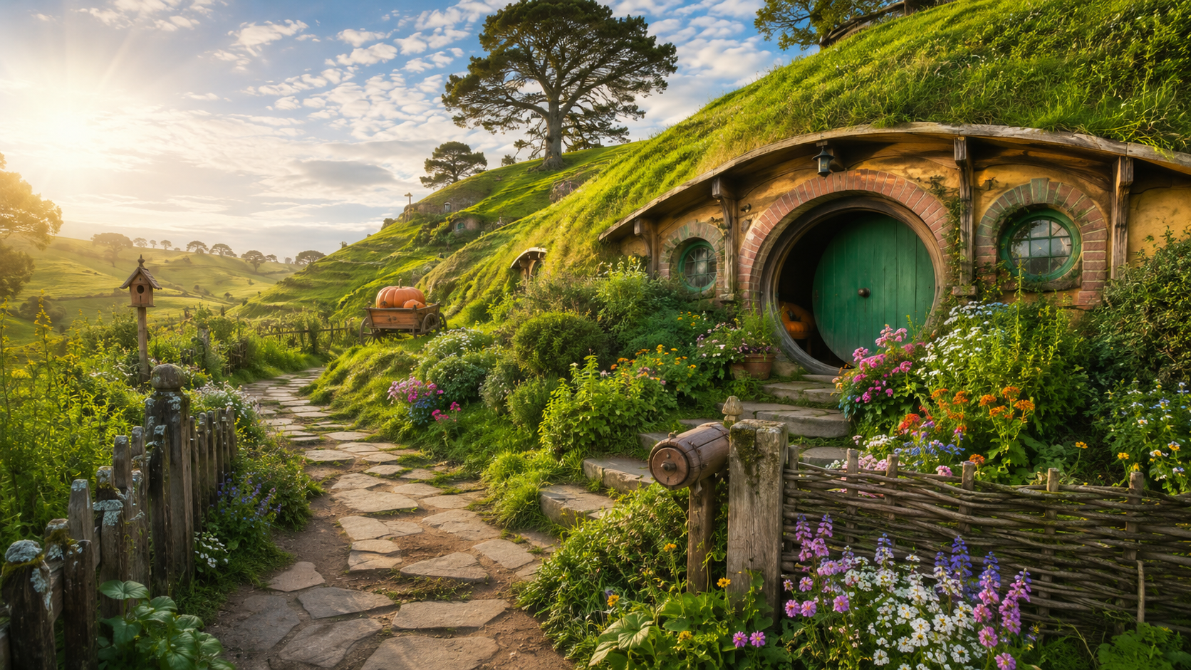 Hobbiton village in green hills